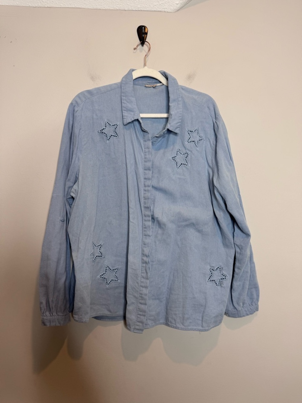 Blue Star Embroidered Linen Blend Button Up Shirt Womens XXL Lightweight Coverup